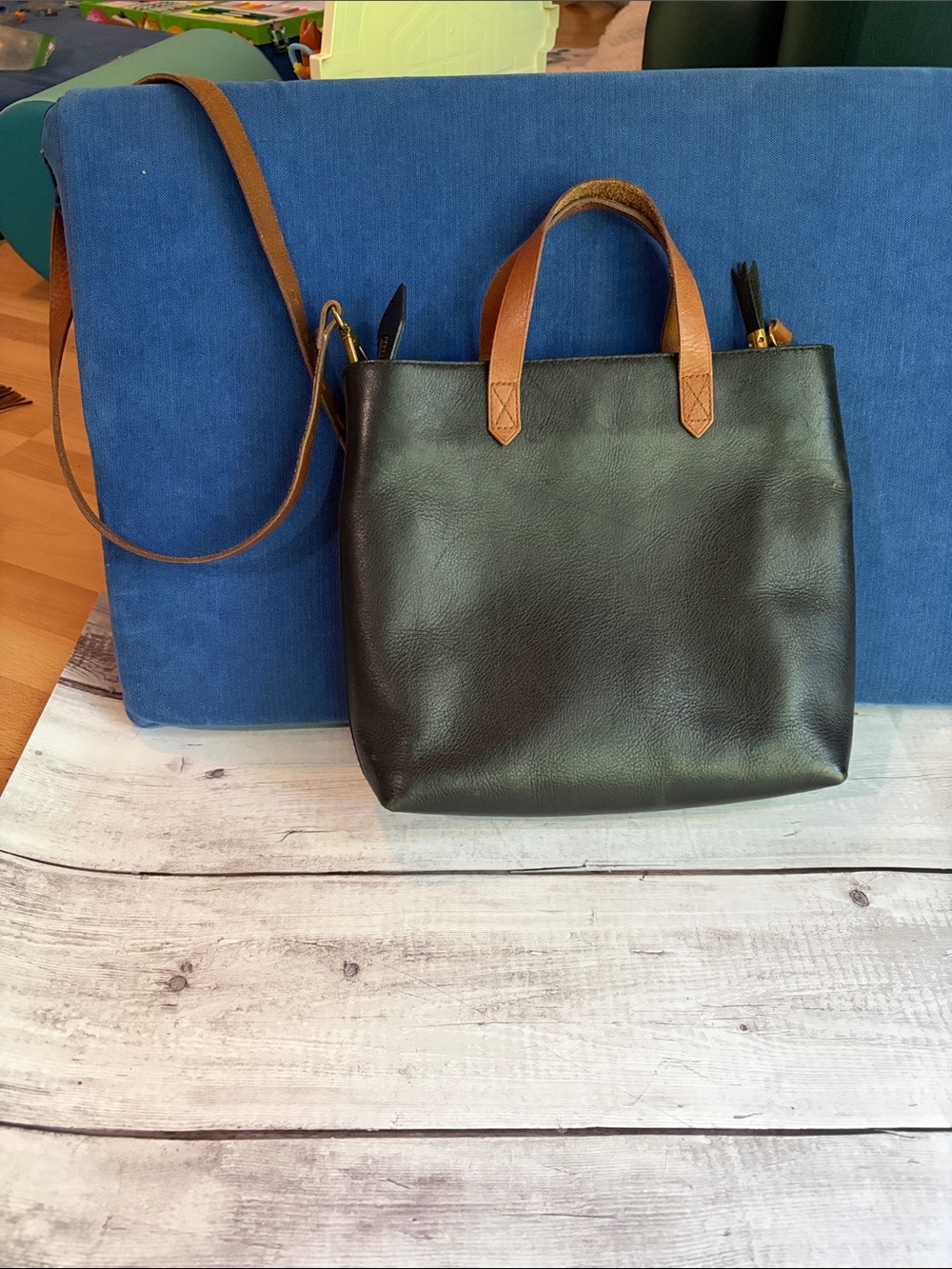 Madewell Transport Minister Two-Tone Leather Tote Bag - Black with Brown Handles